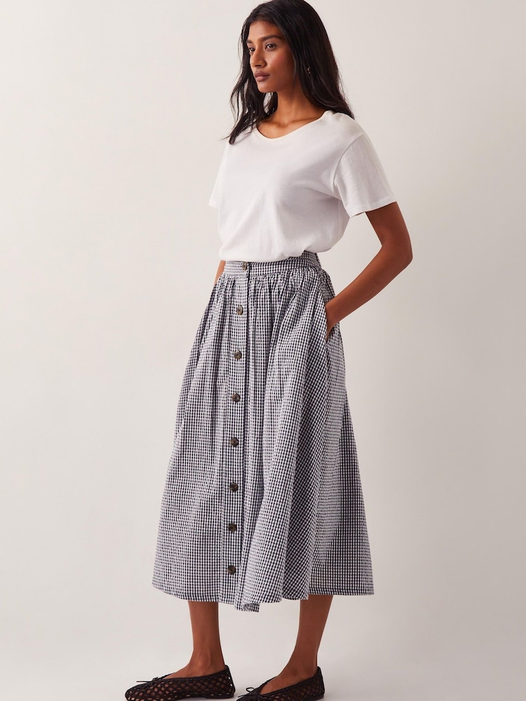 Monsoon Blue Bea Gingham Button Midi 100% Cotton Skirt - Image 1 of 6