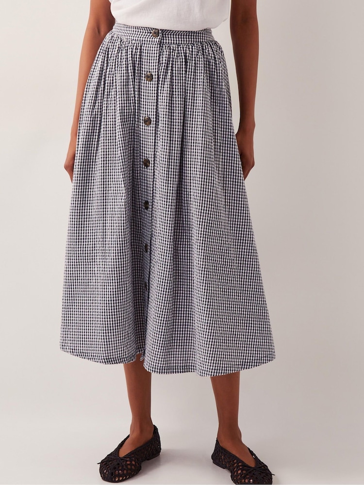 Monsoon Blue Bea Gingham Button Midi 100% Cotton Skirt - Image 2 of 6