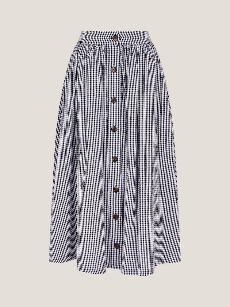 Monsoon Blue Bea Gingham Button Midi 100% Cotton Skirt - Image 6 of 6