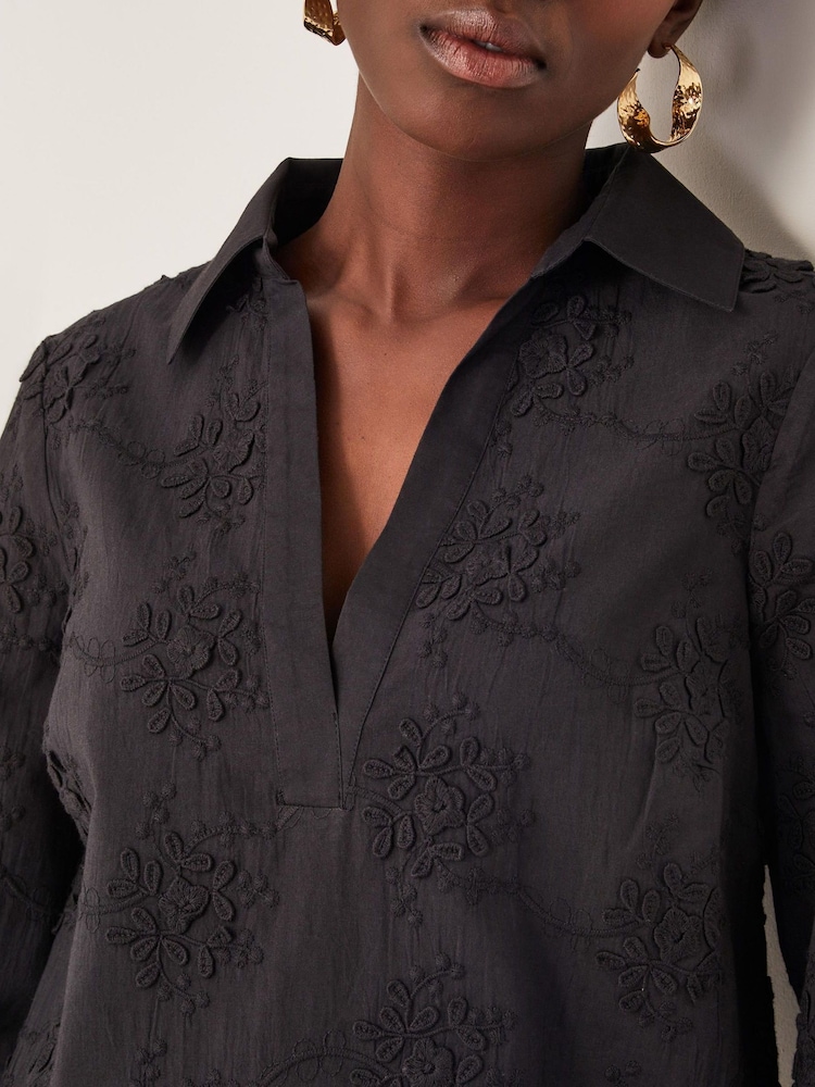 Monsoon Black 100% Cotton Harika Embroidered Mini Shirt Dress - Image 2 of 5