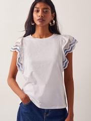 Monsoon White Embroidered Flutter-Sleeve 100% Cotton Blouses - Image 1 of 5