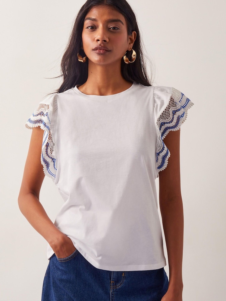 Monsoon White Embroidered Flutter-Sleeve 100% Cotton Blouses - Image 1 of 5