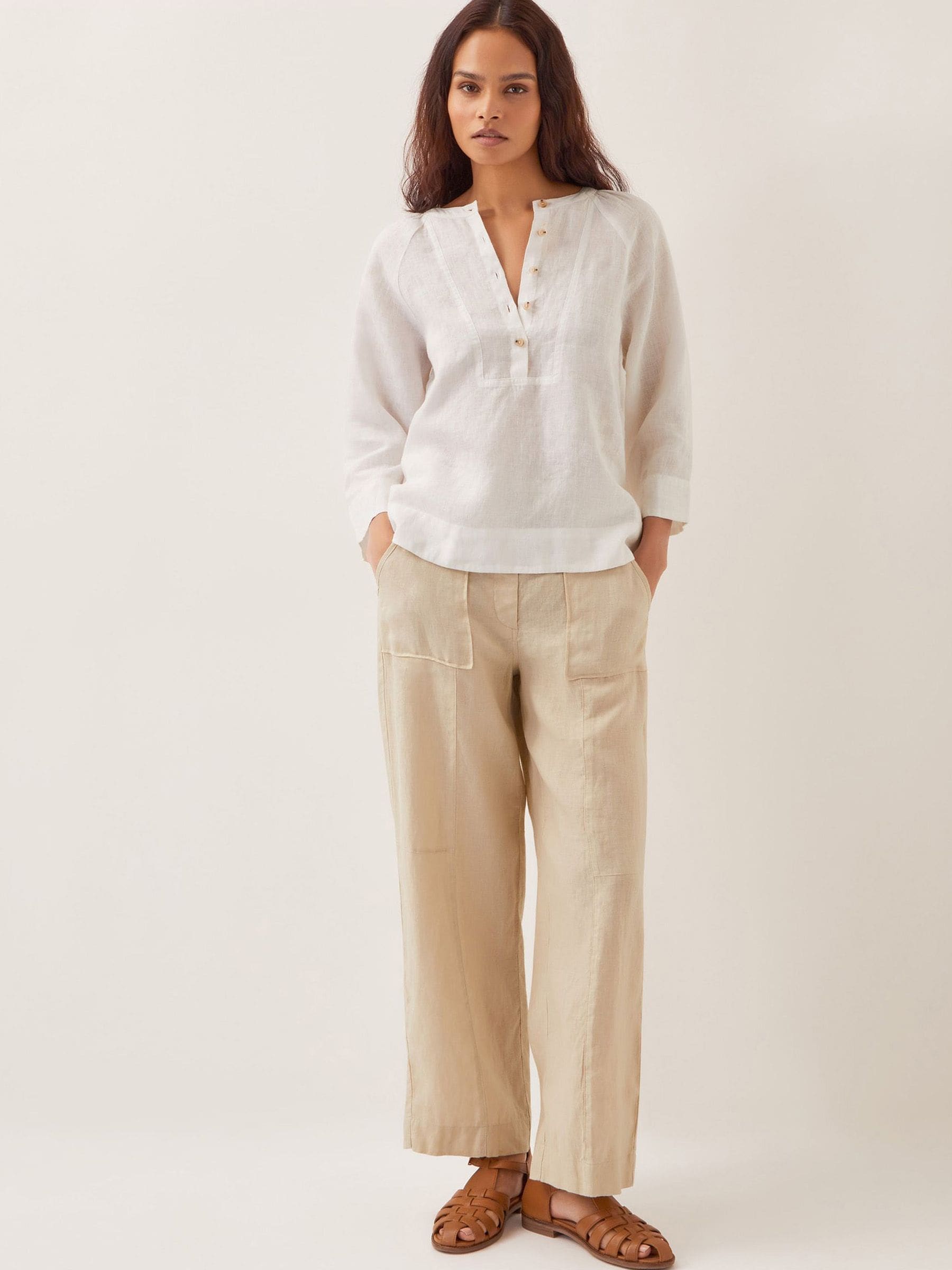 Buy Monsoon White Rosa V-Neck Bib Linen Cropped Sleeve Blouse from