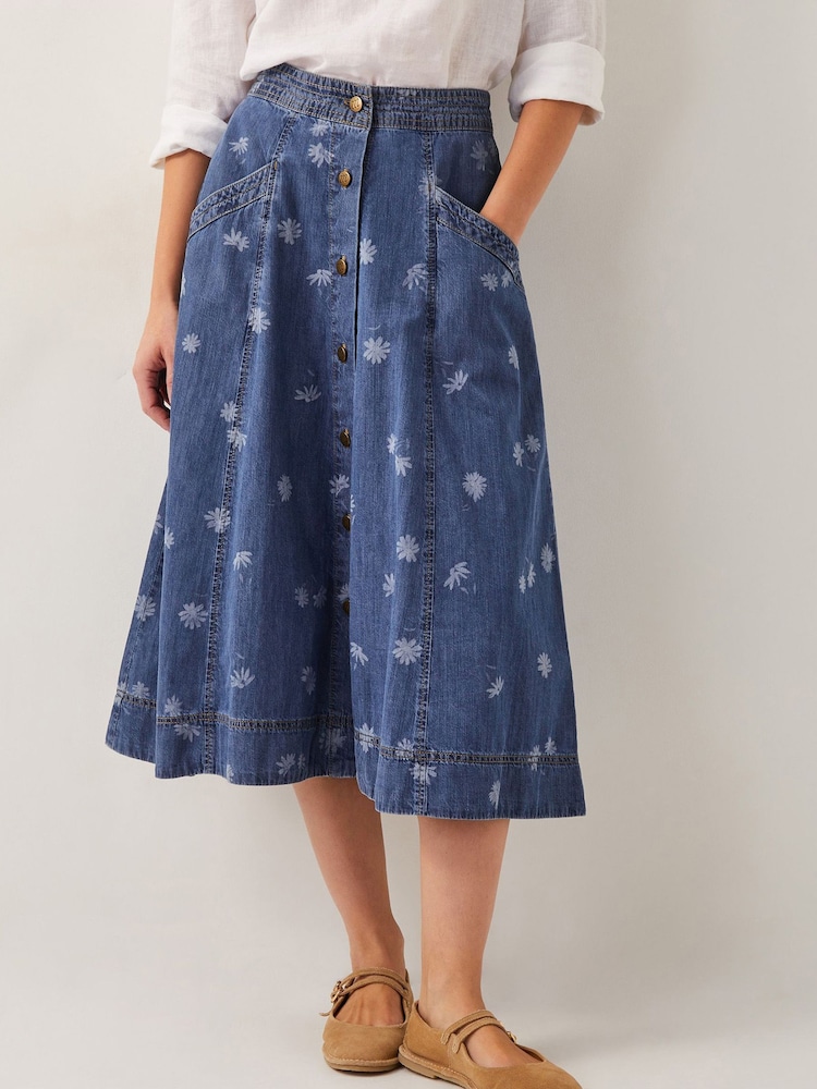 Monsoon Blue 100% Cotton Harper Denim Daisy Midi Skirt - Image 1 of 5