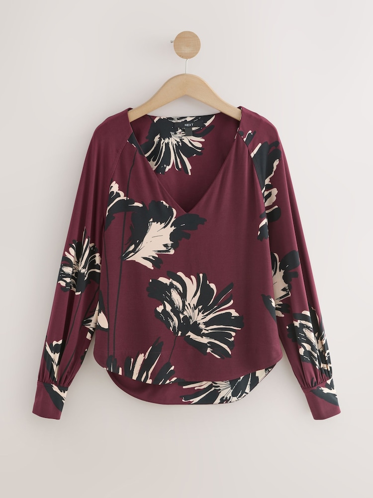 Estampa Floral Vermelho Berry - Blusa de malha com V Neck e long sleeve - Imagem 1 de 3