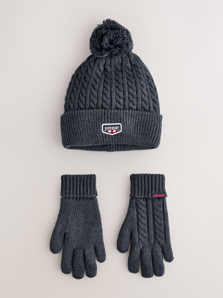 Superdry Navy Pom Hat and Gloves Set - Image 2 of 5 Superdry Navy Pom Hat and Gloves Set - Image 2 of 5