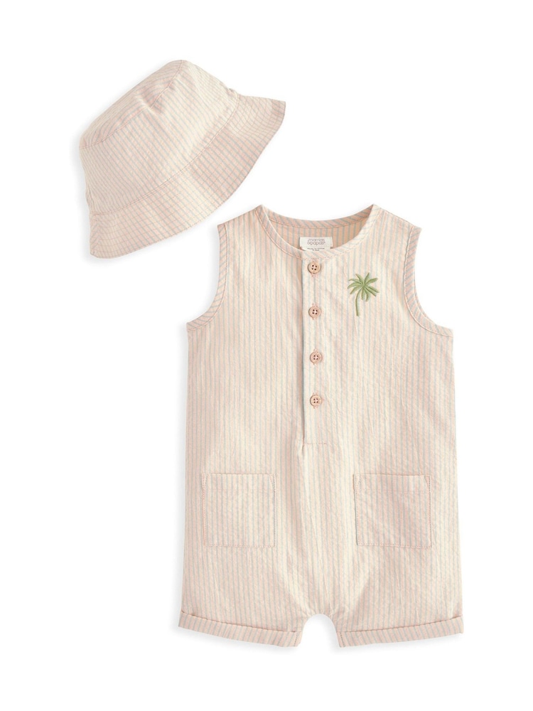 Mamas & Papas Orange Embroidered Stripe Romper and Hat Set - Image 1 of 5