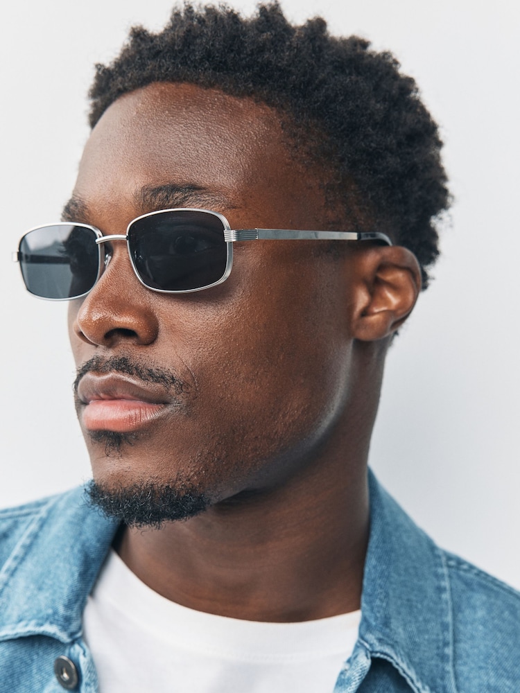 Silver Metal Rectangular Sunglasses - Image 1 of 5 Silver Metal Rectangular Sunglasses - Image 1 of 5
