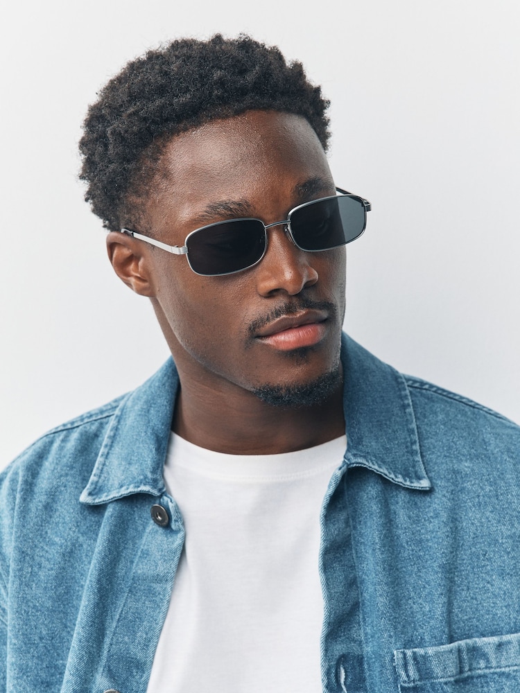 Silver Metal Rectangular Sunglasses - Image 2 of 5 Silver Metal Rectangular Sunglasses - Image 2 of 5