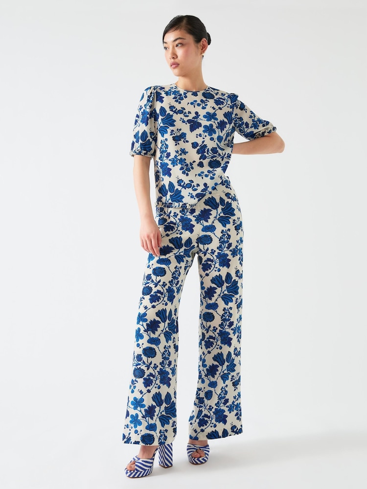LK Bennett Brielle Birch & Blue Silk China Silk Floral Trousers - תמונה 1 מתוך 4