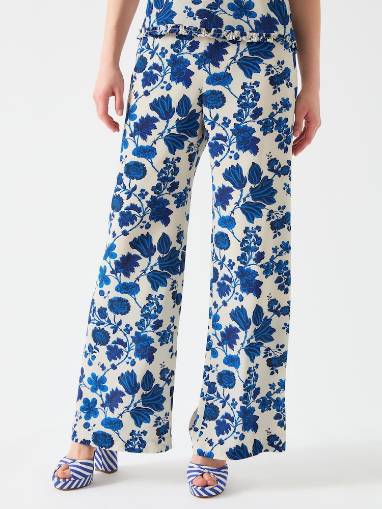 LK Bennett Cream Brielle Birch & Blue Silk China Silk Floral Trousers - Image 3 of 4