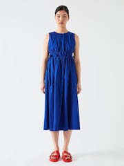 LK Bennett Blue Lea Mazarine Gathered Tie Waist 100% Cotton Dress - Image 1 of 4