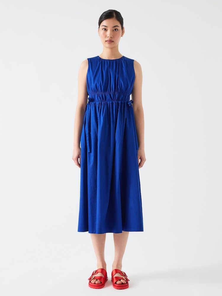 LK Bennett Blue Lea Mazarine Gathered Tie Waist 100% Cotton Dress - Image 1 of 4