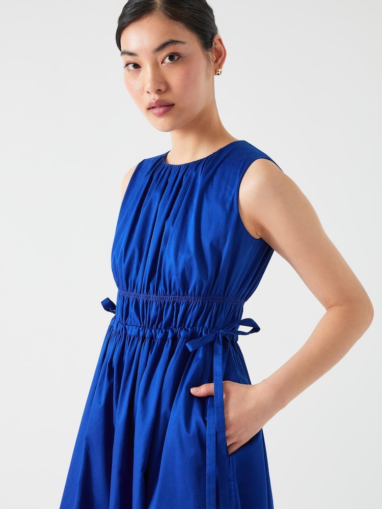 LK Bennett Blue Lea Mazarine Gathered Tie Waist 100% Cotton Dress - Image 4 of 4