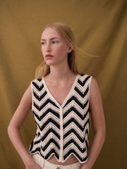 VILA Cream Crochet Striped Knitted Waistcoat - Image 1 of 8