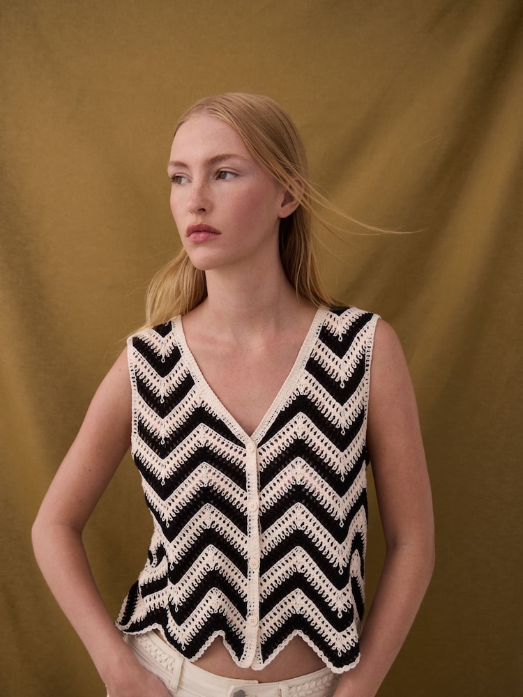 VILA Cream Crochet Striped Knitted Waistcoat - Image 1 of 8