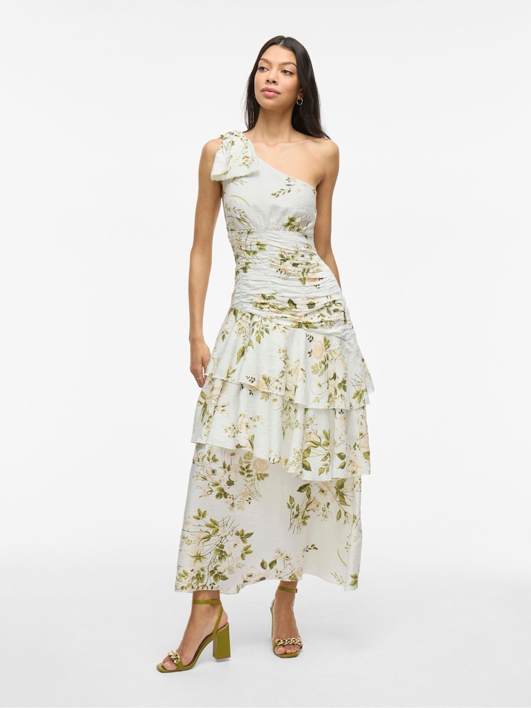 VILA White One Shoulder Floral Ruffle Maxi Dress - Image 3 of 8