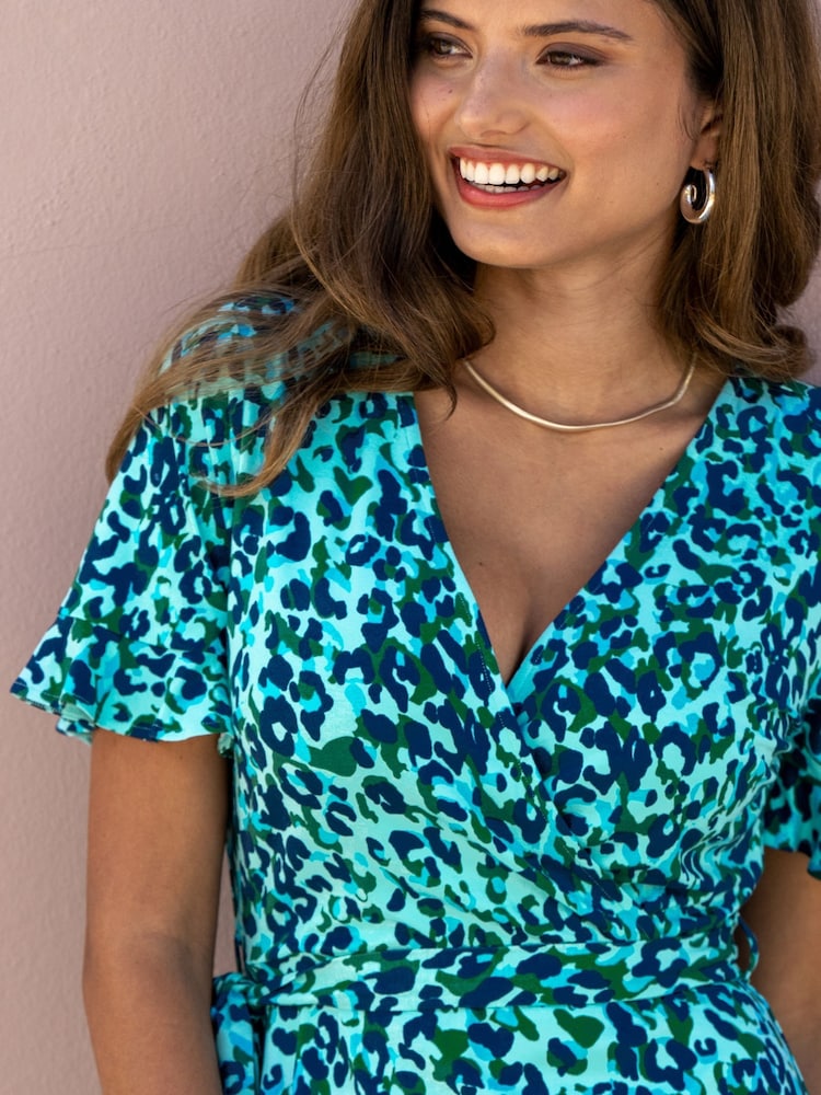 Pour Moi Blue Birdie Stretch Viscose Jersey Wrap Front Dress - Image 2 of 4