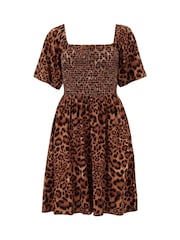 Pour Moi Leopard Print Angel Sleeve Shirred Bodice Woven Dress - Image 4 of 5