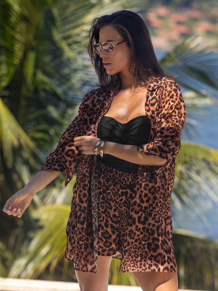 Pour Moi Brown Chiffon Button Through Beach Shirt - Image 2 of 4