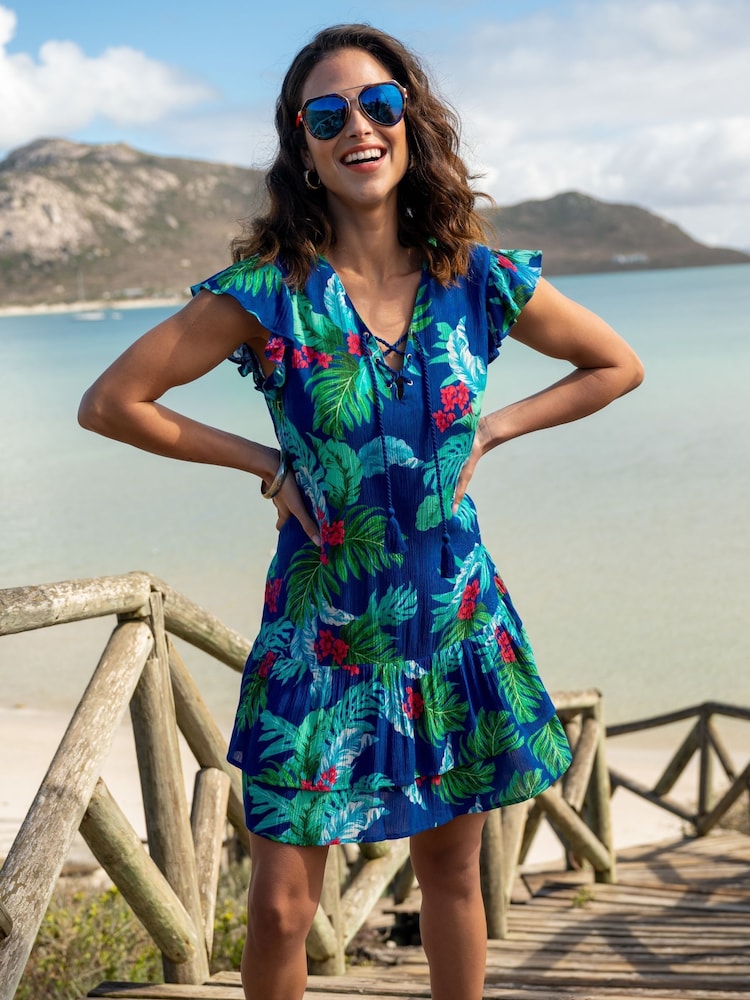 Pour Moi Blue LENZING™ ECOVERO™ Viscose Crinkle Frill Swing 100% Cotton Beach Dress - Image 1 of 4