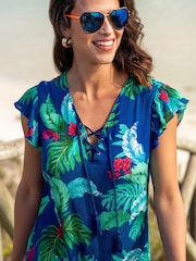 Pour Moi Blue LENZING™ ECOVERO™ Viscose Crinkle Frill Swing 100% Cotton Beach Dress - Image 2 of 4