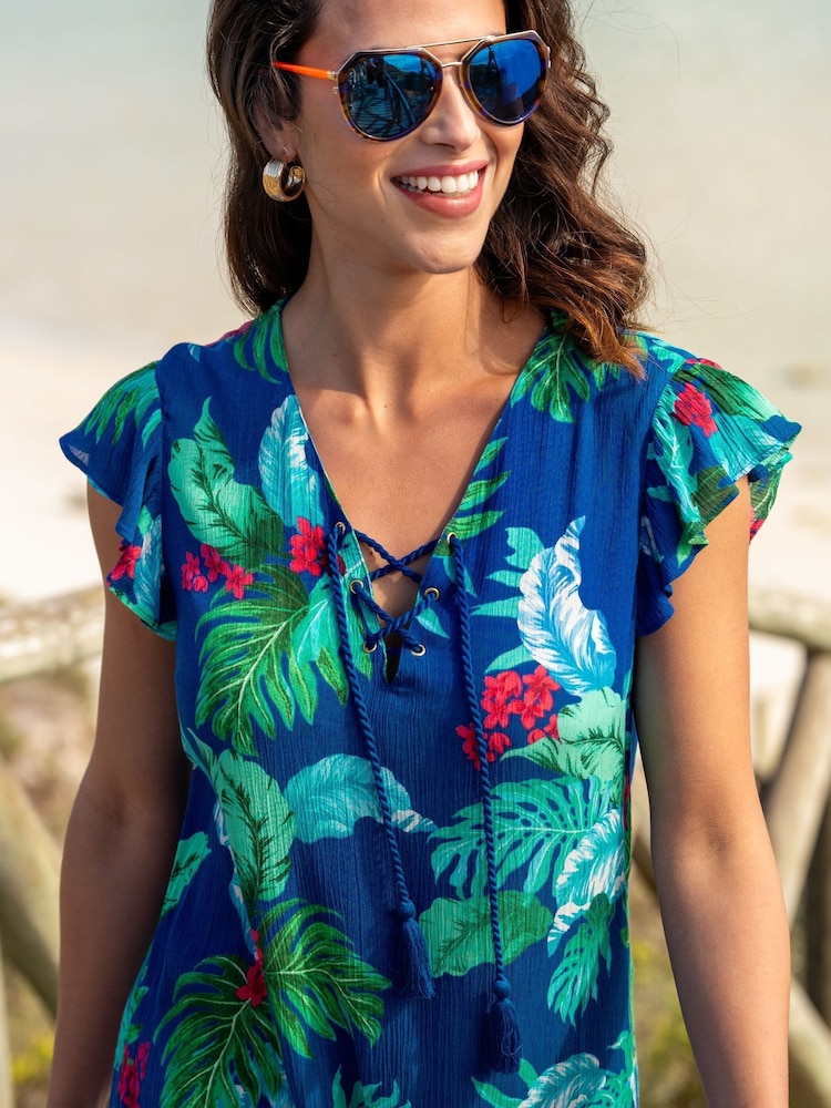 Pour Moi Blue LENZING™ ECOVERO™ Viscose Crinkle Frill Swing 100% Cotton Beach Dress - Image 2 of 4