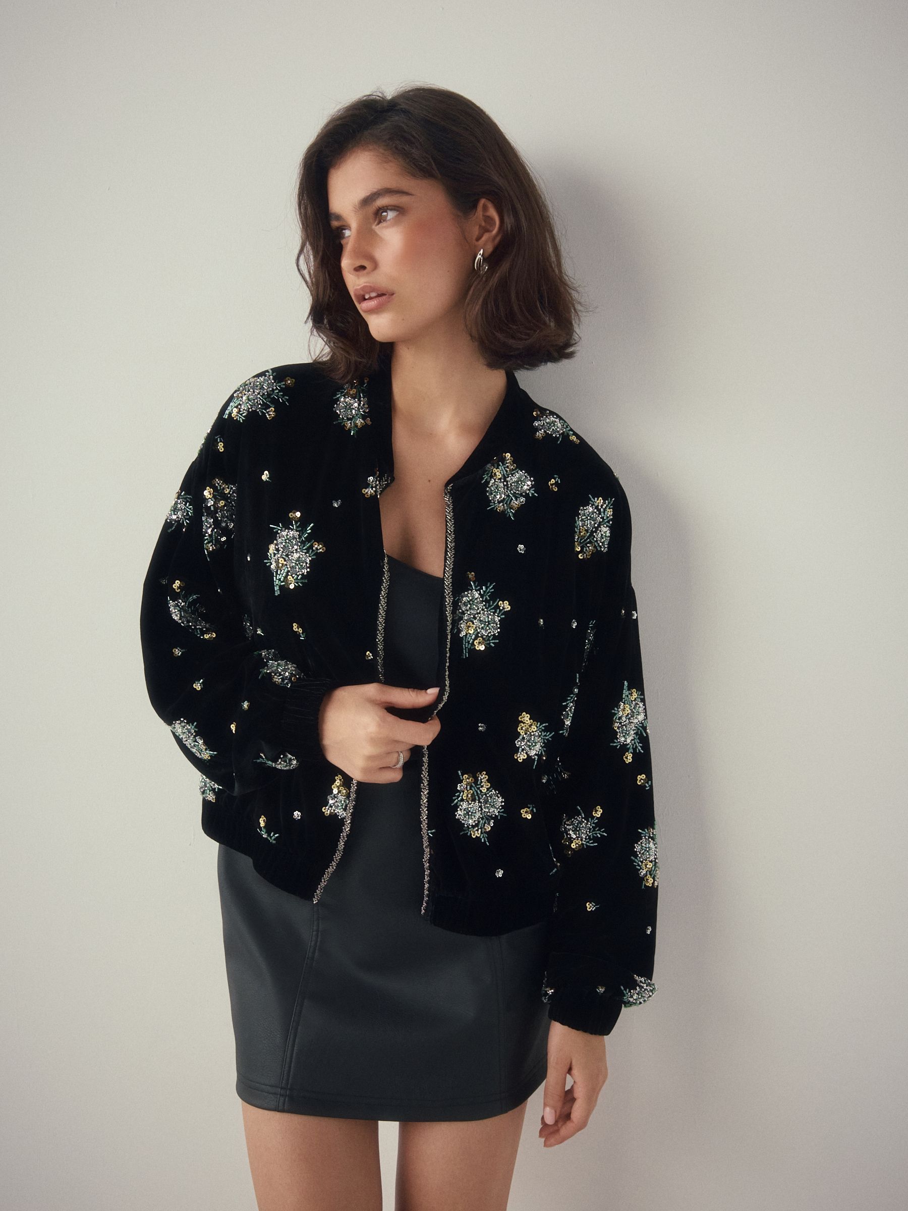 Buy Black Velvet Beaded Bomber Jacket from Next USA