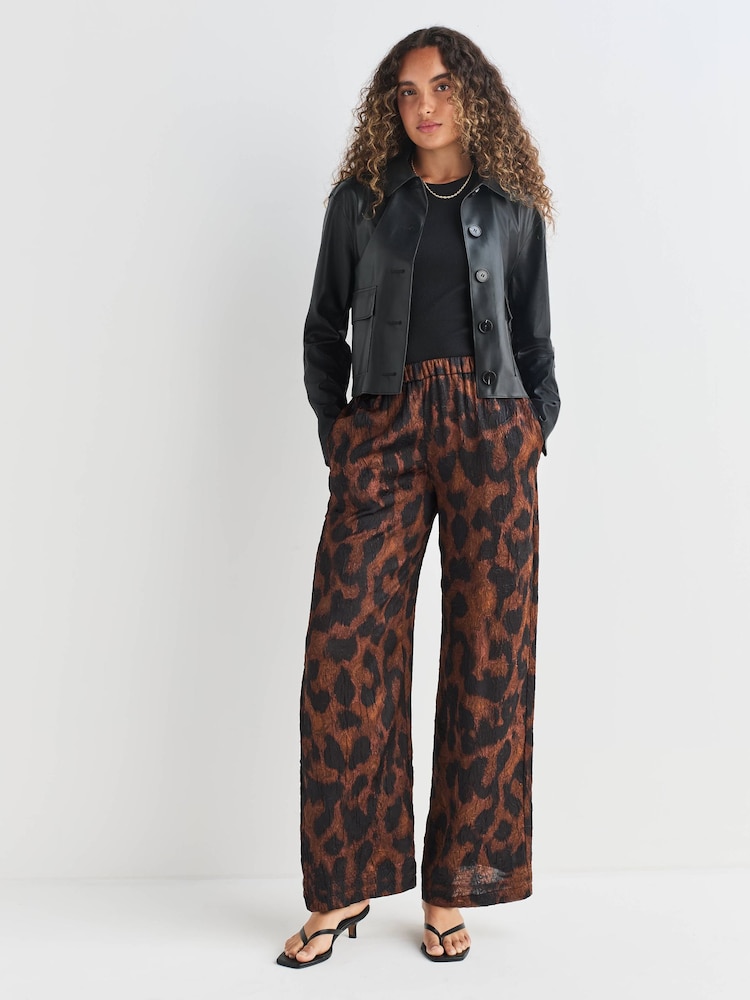 Brown Animal Print Crinkle Satin Wide Leg Trousers - Image 1 of 8 Brown Animal Print Crinkle Satin Wide Leg Trousers - Image 1 of 8