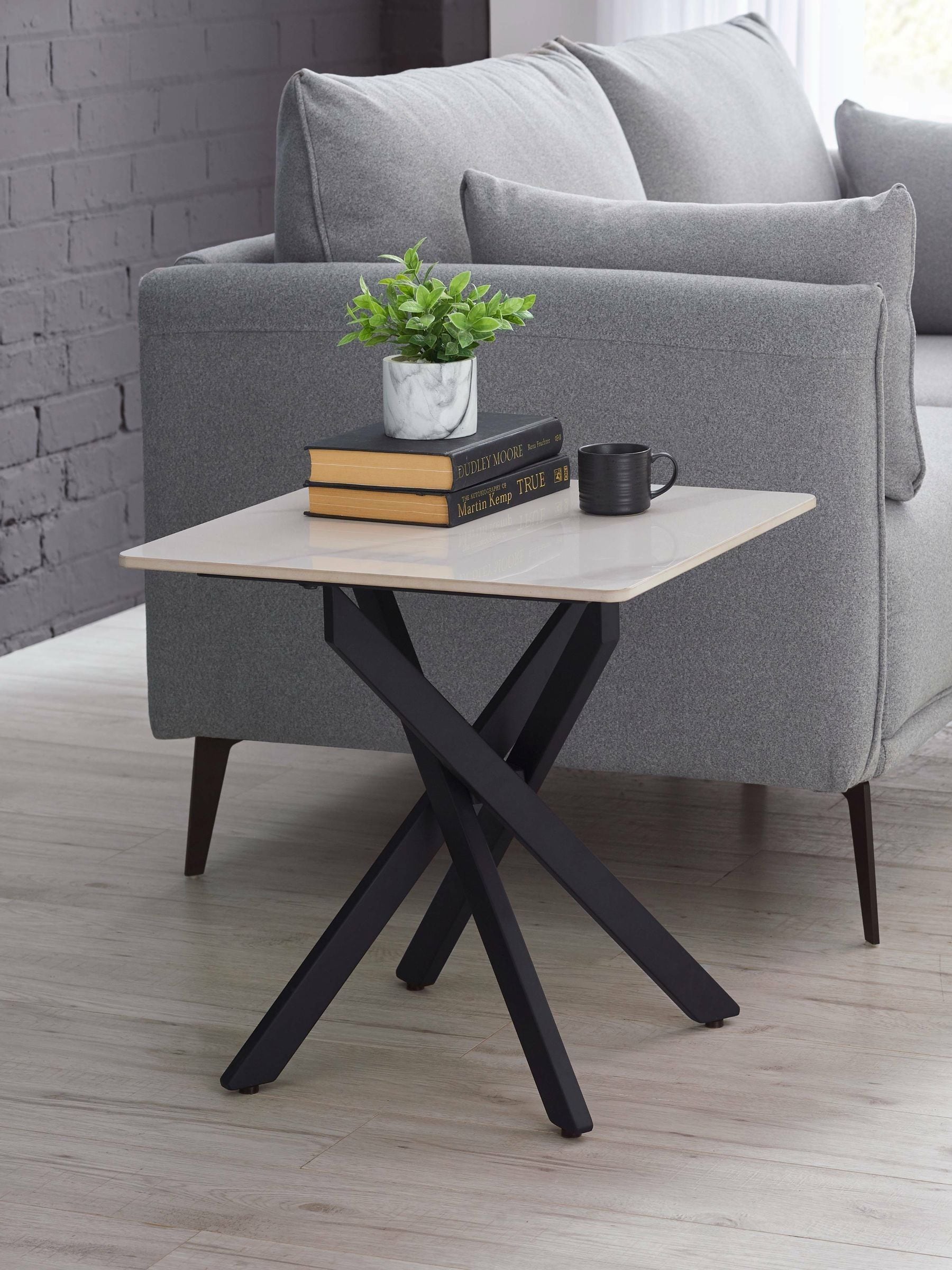 Julian Bowen Bradley Lamp Table | Modern Side Table for Living Room or Bedroom, Ceramic Top, Black Steel Crossed Legs, White Marble Effect - Image 7