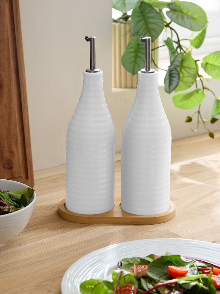 Set of 2 White Malvern Embossed Oil Bottles with Tray - Image 1 of 3