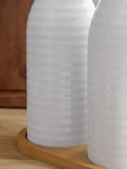 Set of 2 White Malvern Embossed Oil Bottles with Tray - Image 2 of 3