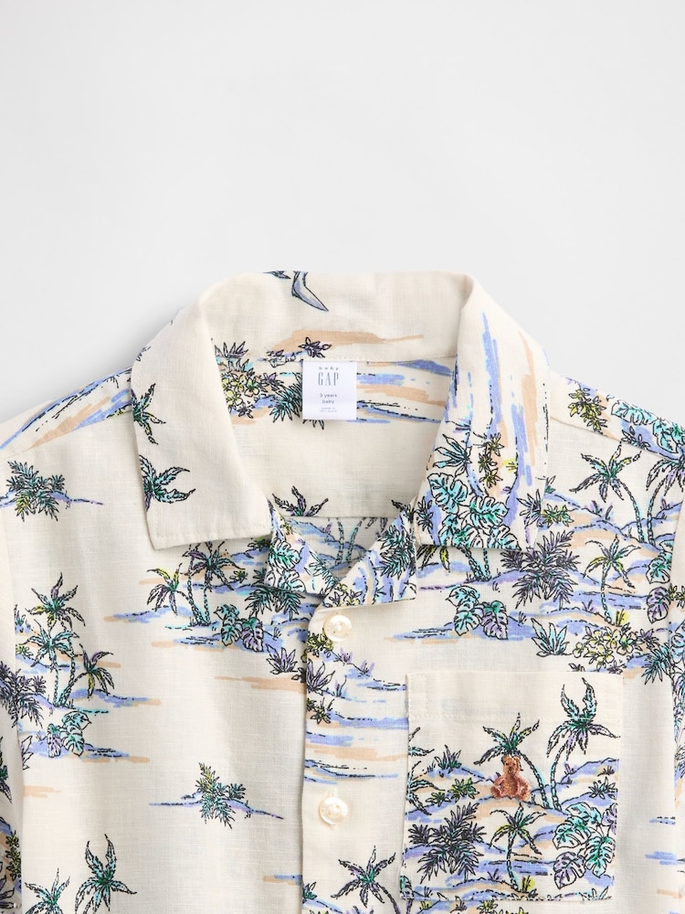 Gap Neutral Print Brannan Bear Linen-Cotton Short Sleeve Shirt (6mths-5yrs) - Image 1 of 1