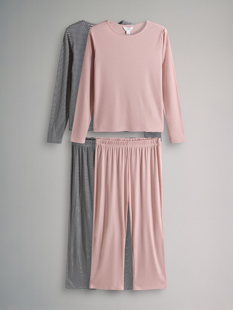 The Set Baby Pink/Stripe 2 Pack Soft Touch Ribbed Long Sleeve Long Leg Pyjamas - Image 1 of 7