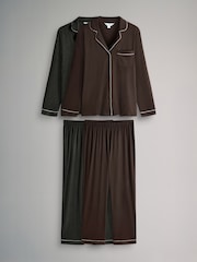 The Set Chocolate Brown / Charcoal Marl 2 Pack Viscose Blend Button Through Long Pyjamas with Piping - Image 1 of 7