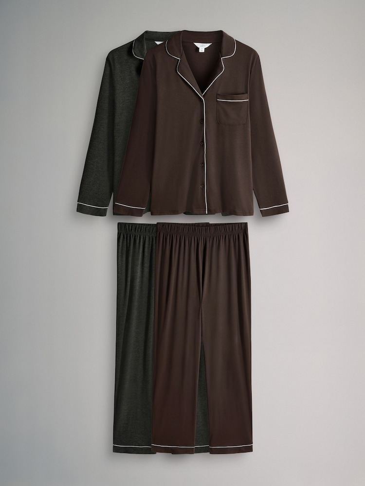 The Set Chocolate Brown / Charcoal Marl 2 Pack Viscose Blend Button Through Long Pyjamas with Piping - Image 1 of 7