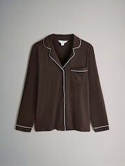The Set Chocolate Brown / Charcoal Marl 2 Pack Viscose Blend Button Through Long Pyjamas with Piping - Image 2 of 7