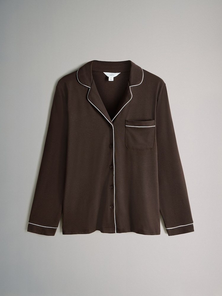 The Set Chocolate Brown / Charcoal Marl 2 Pack Viscose Blend Button Through Long Pyjamas with Piping - Image 2 of 7