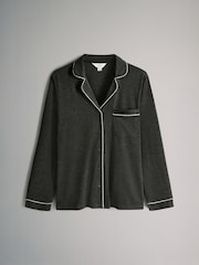The Set Chocolate Brown / Charcoal Marl 2 Pack Viscose Blend Button Through Long Pyjamas with Piping - Image 3 of 7