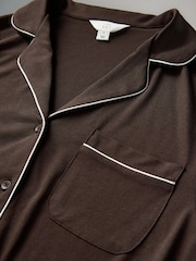 The Set Chocolate Brown / Charcoal Marl 2 Pack Viscose Blend Button Through Long Pyjamas with Piping - Image 6 of 7