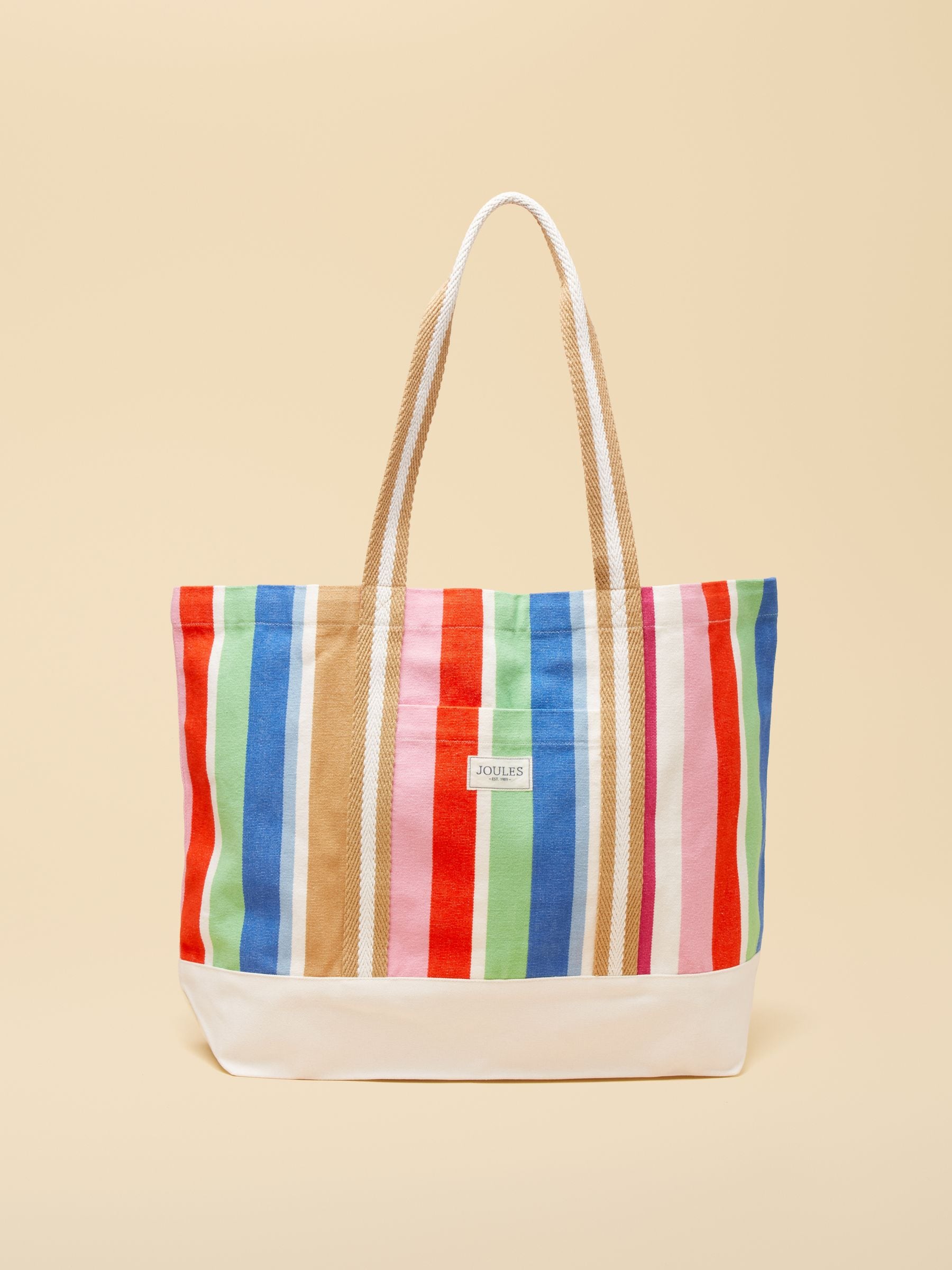 Joules Cream Promenade Multi Striped Canvas Beach Tote Bag
