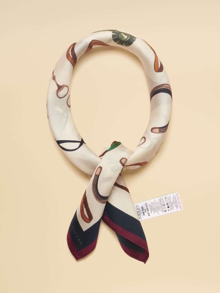 Joules Elsie Cream Navy Equestrian Square 100% Silk Scarf - Image 1 of 6 Joules Elsie Cream Navy Equestrian Square 100% Silk Scarf - Image 1 of 6