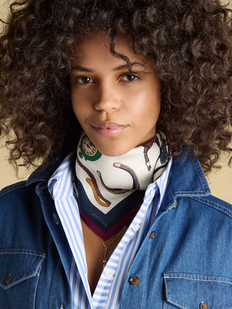 Joules Elsie Cream Navy Equestrian Square 100% Silk Scarf - Image 2 of 6 Joules Elsie Cream Navy Equestrian Square 100% Silk Scarf - Image 2 of 6