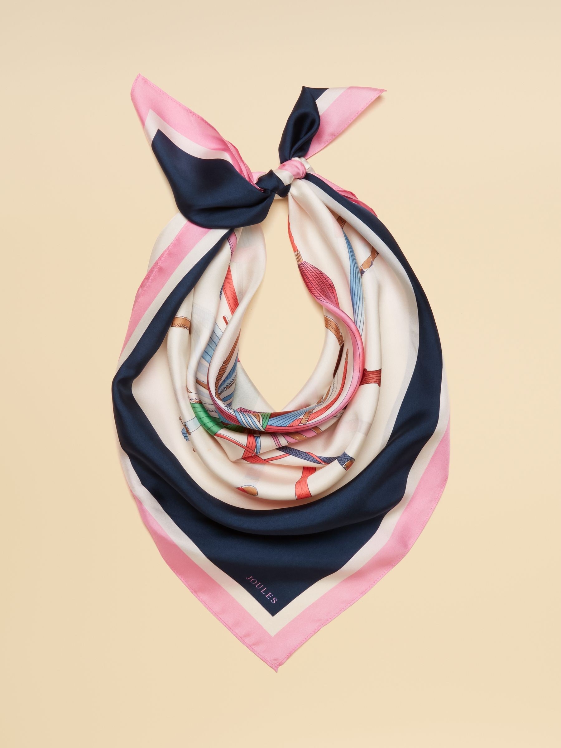 Joules Women's Bloomfield Square 100% Silk Scarf Cream & Navy Printed One