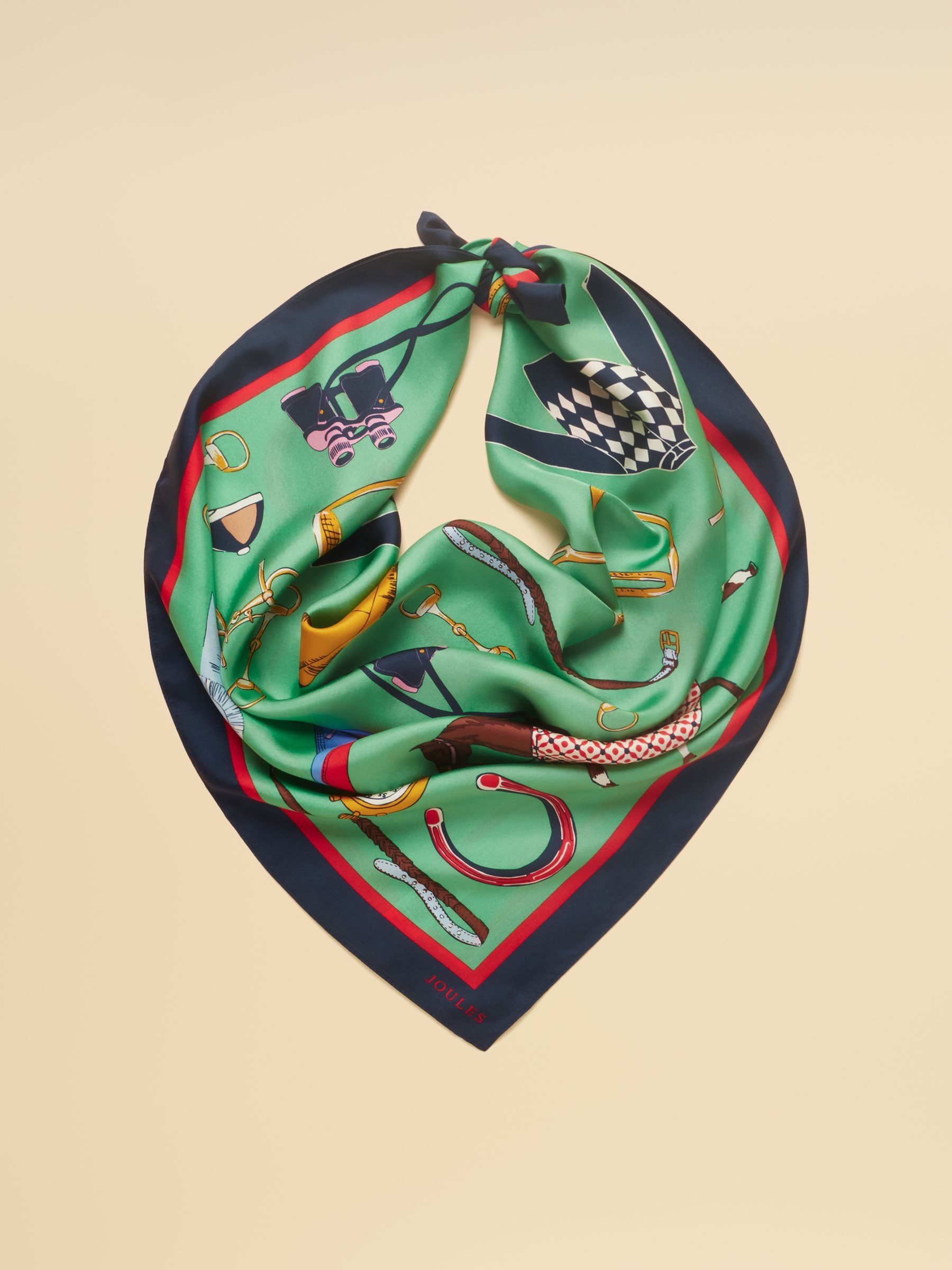 Joules Women's Bloomfield Square 100% Silk Scarf Green Equestrian One