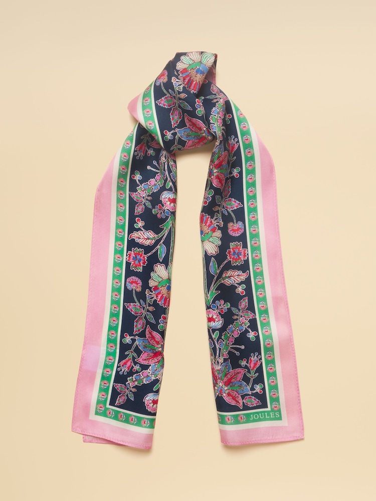 Joules Highgrove Navy & Pink Floral 100% Silk Printed Scarf - Image 1 of 6 Joules Highgrove Navy & Pink Floral 100% Silk Printed Scarf - Image 1 of 6