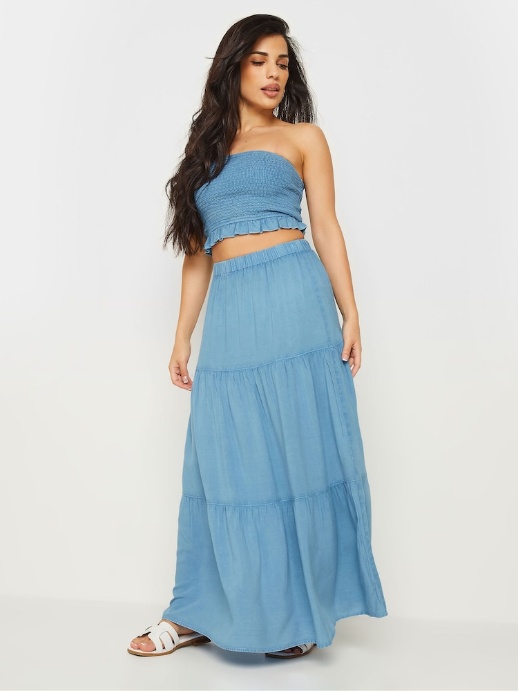 PixieGirl Petite Blue Chambray Tiered Maxi Skirt - Image 1 of 4