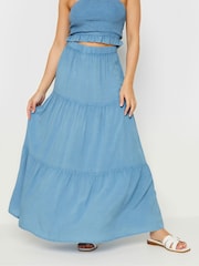 PixieGirl Petite Blue Chambray Tiered Maxi Skirt - Image 2 of 4