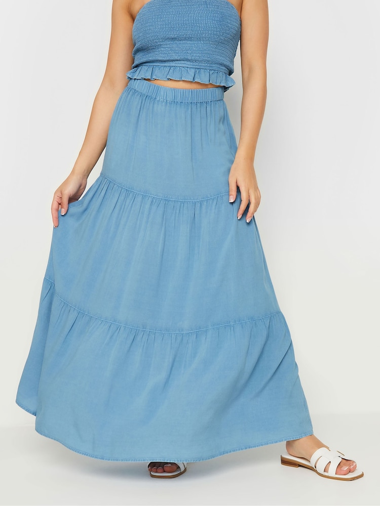 PixieGirl Petite Blue Chambray Tiered Maxi Skirt - Image 2 of 4