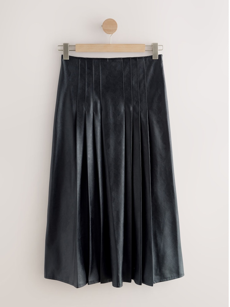 Black Faux Leather Midi Kilt Skirt - Image 8 of 8 Black Faux Leather Midi Kilt Skirt - Image 8 of 8